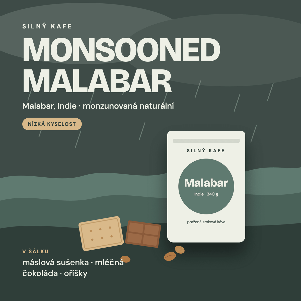Monsooned Malabar – ilustrovaná etiketa s chuťovým profilem